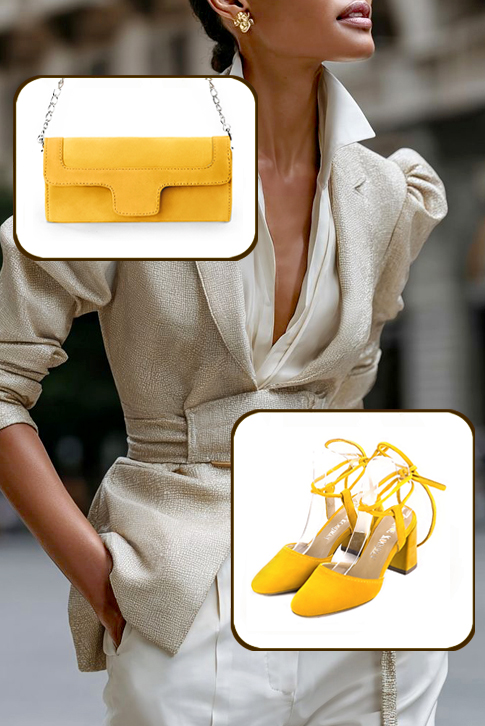 Women's yellow elegant closed-toe heels, with crossed straps. Round toe. High flare heels - Top view